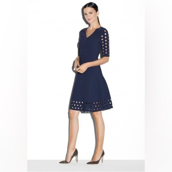 Milly Diamond Pointelle Fit & Flare Dress in Navy blue - Picture 4 of 11